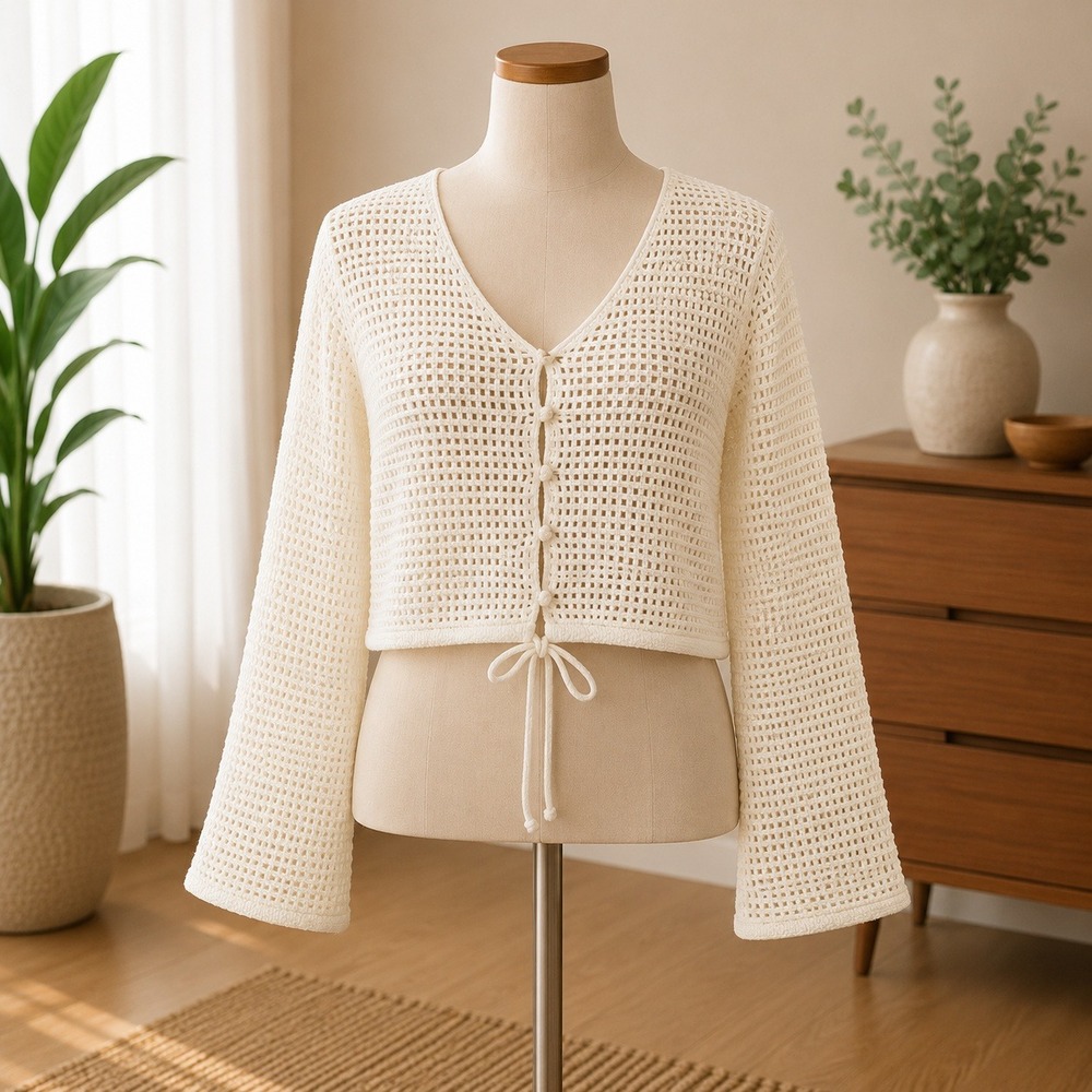 NWT Cupshe Crochet Cardigan Womens XL Cream Open Knit Tie Front Bell Sleeve